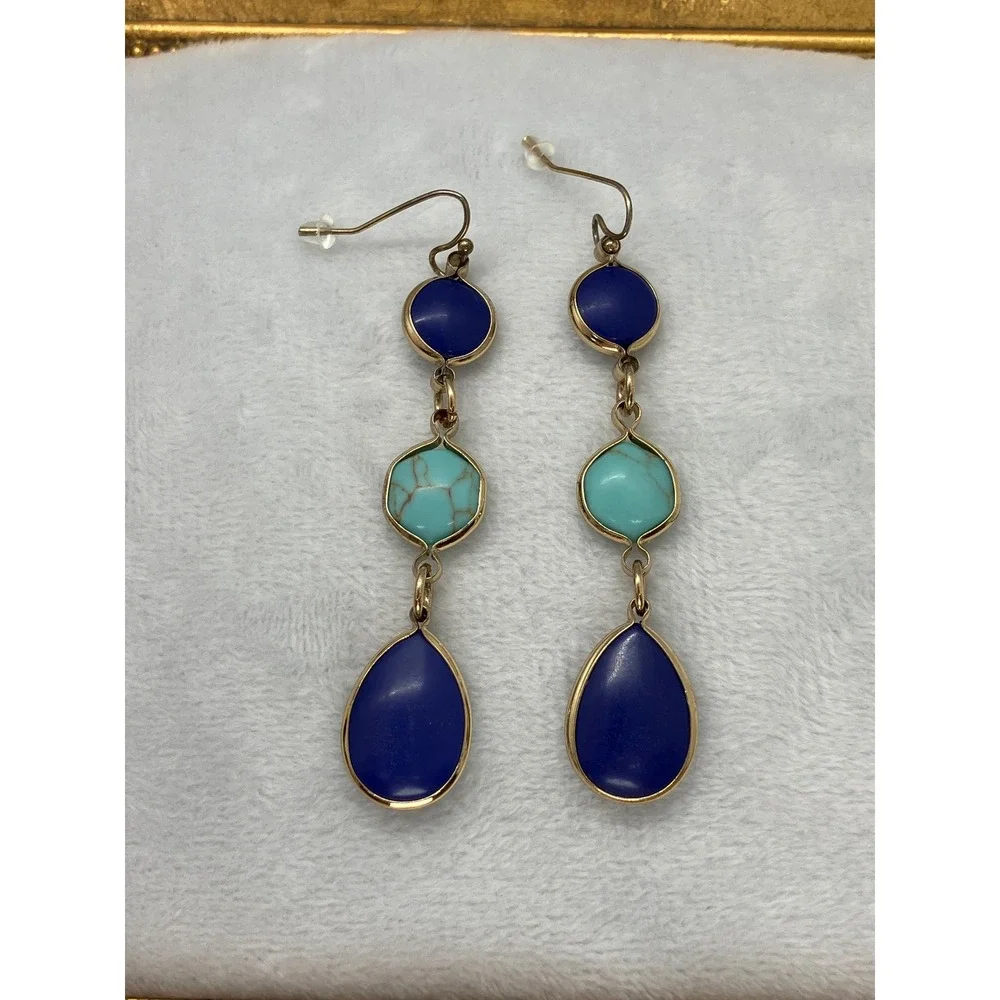 Gold Tone Blue and Turquoise Faux Stone Triple Drop Dangle Earrings‎ Boho Luxury